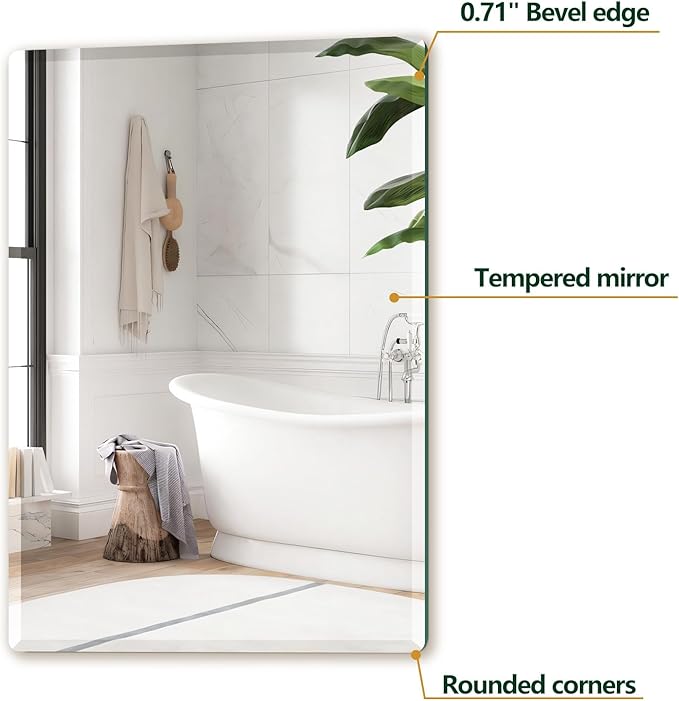Mirrorons Beveled Mirror, Wall Mirror 24" x 32", Frameless Rectangle Bathroom Mirror with Beveled Edge, Hangs Horizontally or Vertically. Rounded Corner Tempered