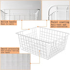 3 Pack Freezer White Wire Baskets for Organizing Office Wire Storage Basket with Built-in Handles, 14" Large White Metal Baskets for Pantry Freezer Kitchen Cabinets
