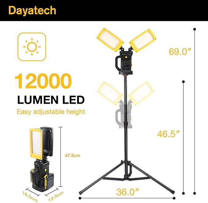 12000LM 85W Corded and Cordless LED Work Light with Tripod, Dual-Head Adjustable Jobsite Light, Compatible with DEWALT MILWAUKEE MAKITA 18-21V Battery, Flicker-Free for Auto Repair Electrical