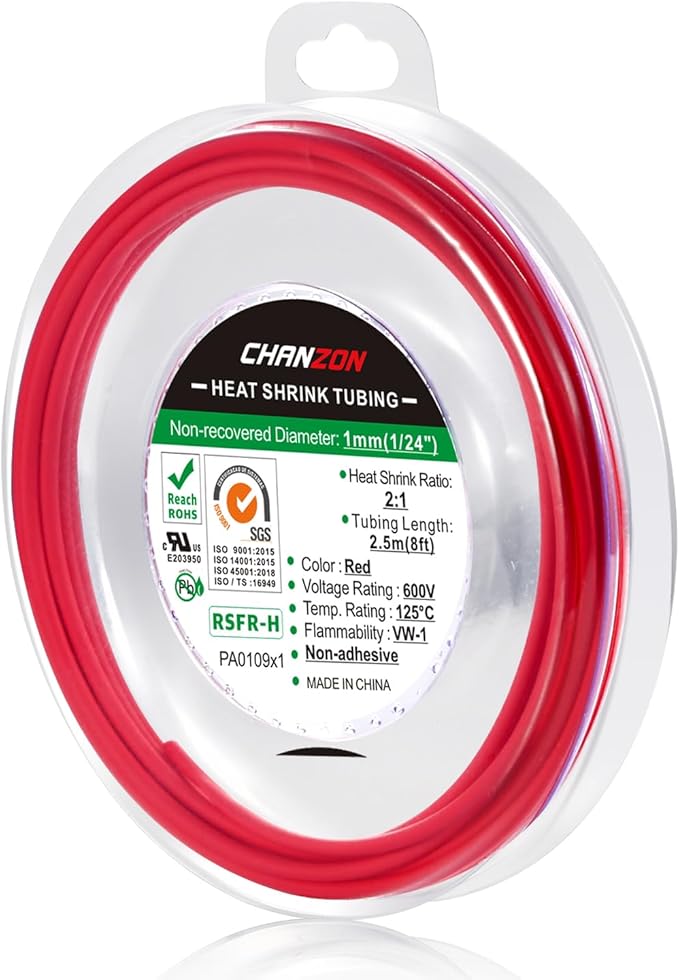 Chanzon 2:1 Ratio 1/24" (1mm) Heat Shrink Tubing 8Ft Roll (2.5M Total Length) Red Polyolefin Sleeving Wrap Shrinking 2 to 1 1pcs