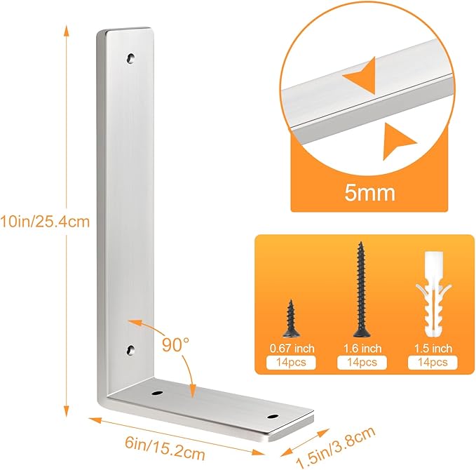 Floating Shelf Bracket Stainless Steel 10 Inch, 8 Pack Heavy Duty Shelf Brackets, Wall Shelf Bracket for DIY Decorative with Mounting Hardware