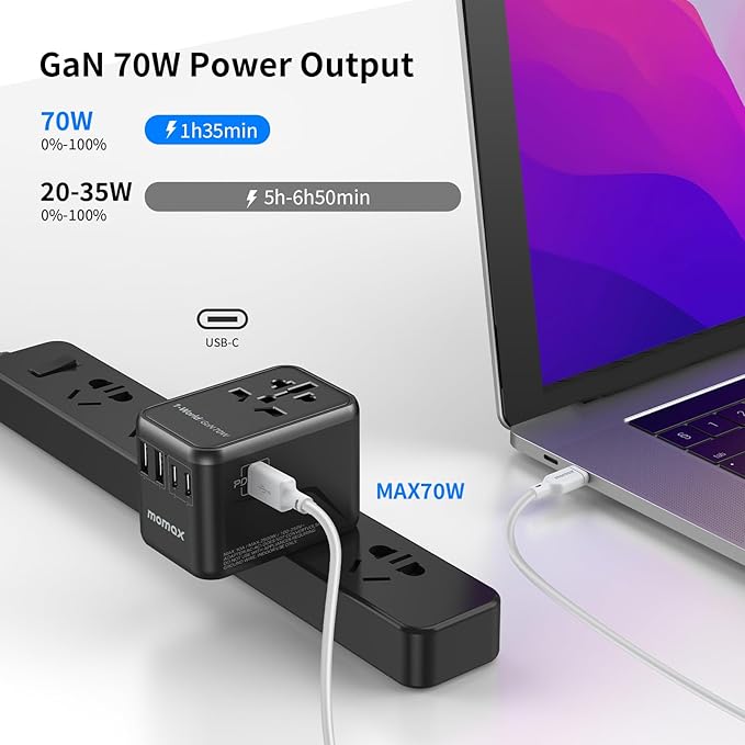 MOMAX 6-in-1 Universal Travel Adapter, GaN 70W International Power Adapter, 3 USB-C PD Fast Charging & 2 USB-A QC, 1 AC, All-in-one International Plug Adapter for Travel European UK AUS JP