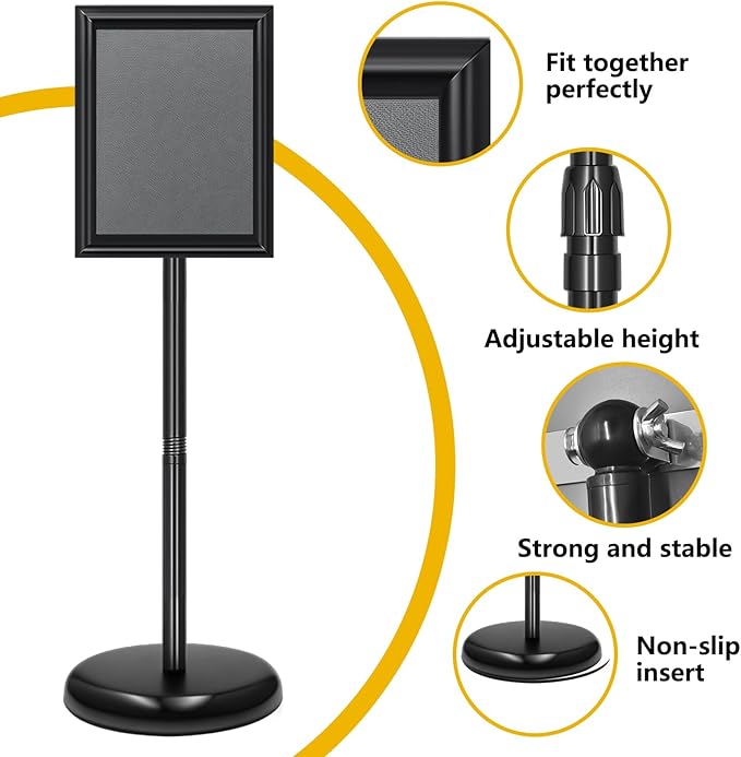 2 Pack Sign Holder Stand 8.5x11 Inch, Adjustable Sign Stand, Floor Standing Sign Holder, Snap-Open Frame Display, 360° Rotation Outdoor Indoor Poster or chalk board Display for advertising,Malls,Black