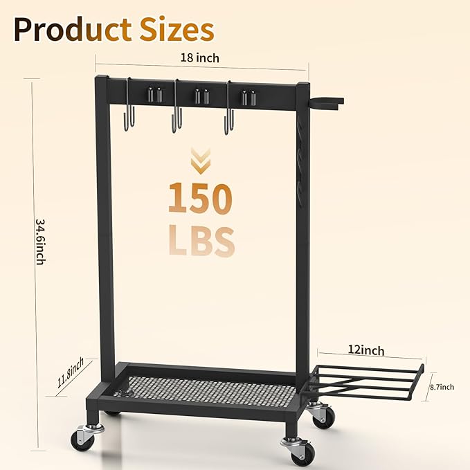 Cleaning Supplies Organizer with Broom Holder Load 150 LBS Cleaning Cart with Wheels Broom Closet Storage with 6 Mop Hanger Grippers, 3 Double-Hooks, Vacuum Stand for Laundry Room Organization, Black