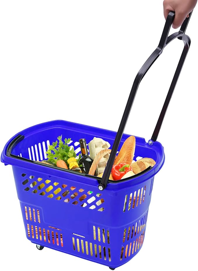 6PCS 35L Rolling Shopping Baskets with Wheels Portable Grocery Basket Set with Handles Plastic Shopping Cart for Supermarkets, Retail Stores, Bookstores (Blue)