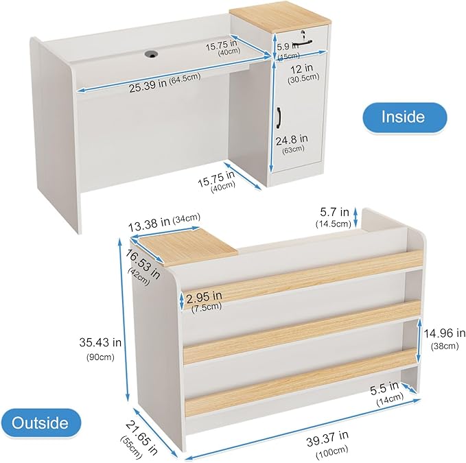 Modern Reception Desk Counter, Retail Counter Reception Desk with Lockable Drawers, Retail Checkout Counter with Open Shelves (White-You)