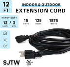 EP 12 Ft Outdoor Extension Cord - 12/3 SJTW Heavy Duty Black Extension Cable with 3 Prong Grounded Plug - Power Cord for Lawn, Garden, Appliances
