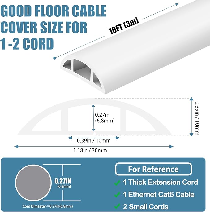 Floor Cord Covers for Wires 10FT Cable Hider Wire Cover Self Adhesive Cord Hider Floor for Offices, Homes, Workshops, Warehouses Cable Cavity 0.39" W x 0.27" H