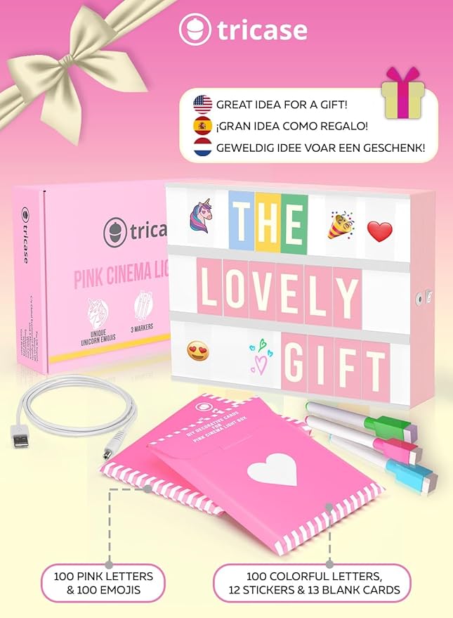 Pink Cinema Light Box with 312 Letters, Emojis & 3 Markers - Led Light Box Sign for Home & Pink Room Decor - Premium Light Up Letter Board - Best Gift Idea for Women & Girls on Christmas or Birthdays