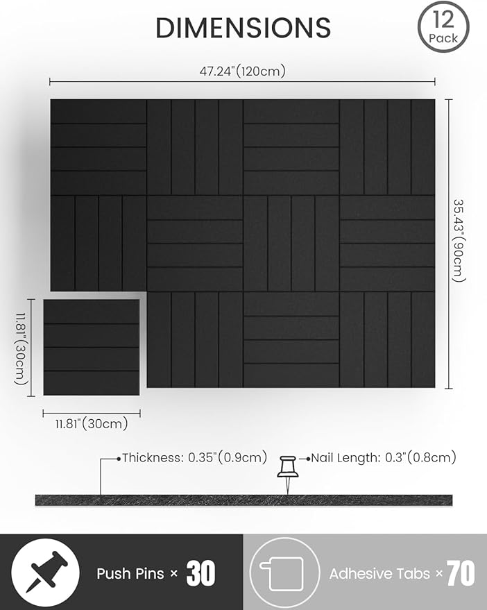Bumusty Large Cork Board Alternative-47 x35 Felt Bulletin Board Tiles, with 30 Pushpins, 70 Adhesive Tabs, 12-Pack Slat Wall Paneling, Cork Boards for Office Push Pin Board Felt Board-Black