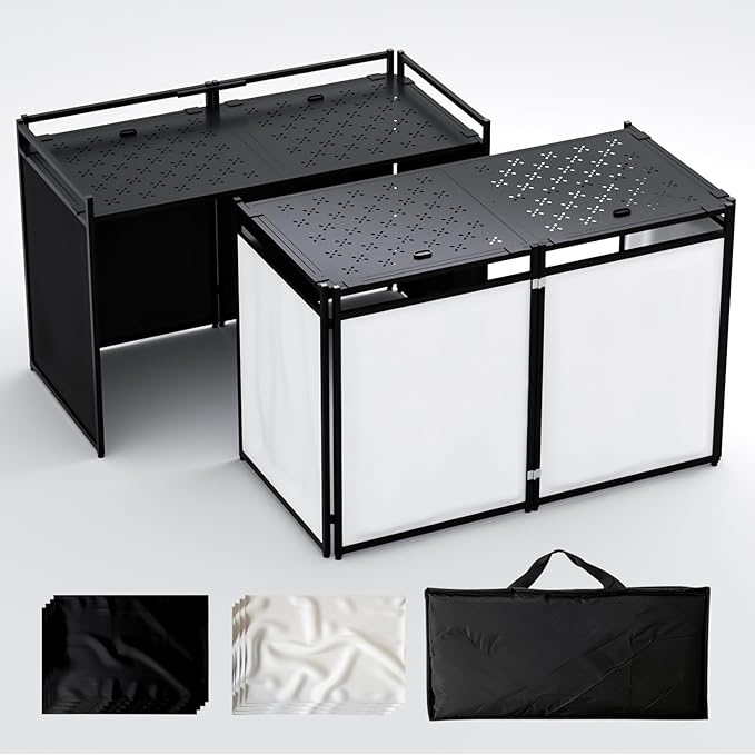 Portable DJ Booth Table,56''x28" Foldable DJ Table Stand Portable with White & Black Scrim,Adjustable D J Facade Tabl e Station Metal Frame D J Tabl e with Cable Hole for Private Events, Clubs, Bars