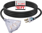 EP 10 Ft Lighted Outdoor Extension Cord with 3 Electrical Power Outlets - 14/3 SJTW Heavy Duty Black Extension Cable with 3 Prong Grounded Plug - Power Cord for Lawn, Garden, Appliances