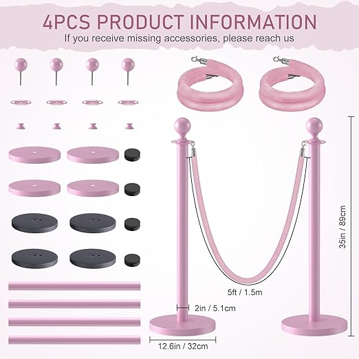 kaiyomi 4Pcs Stanchions with Pink Velvet Ropes Set, 5 Feet Velvet Ropes and Posts Poles for Red Carpet Party Decoration and 360° Photo Booth (Pink)