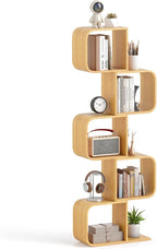 Giantex 5-Tier S-Shaped Bookcase, Bamboo Bookshelf with Open Cubes, Geometric Corner Display Shelf, Decorative Storage Organizer, Floor Storage Rack for Living Room, Home Office, Natural
