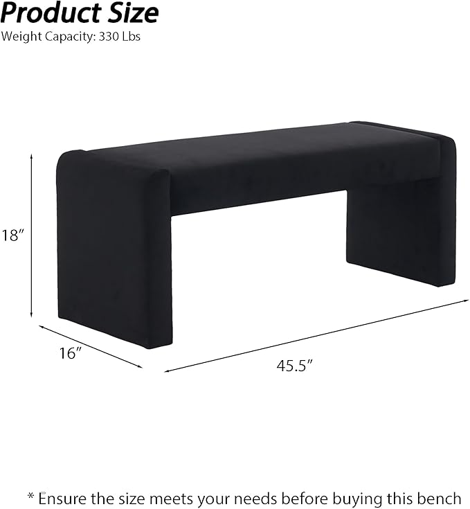 Velvet Entryway Bench End of Bed Bench Upholstered Modern Window Bench Comfy Ottoman for Dining Room/Bedroom/Living Room/Hallway/Indoor (Black)
