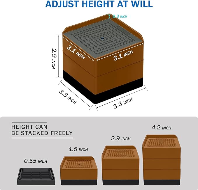 Bed Furniture Risers 3 inch, Square Adjustable Risers Blocks for Bed Sofa Table and Couch Lift to 1.5 or 3 inch，Heavy Duty Support Up to 1,300 Lbs (4 Pack-Brown)