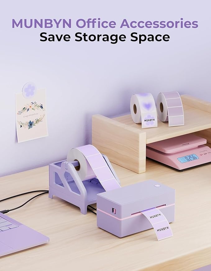 MUNBYN Label Holder for Rolls and Fan-Fold Labels, Thermal Sticker Roll Holder for Desktop Thermal Printer Shipping Supplies Industrial Paper, Purple