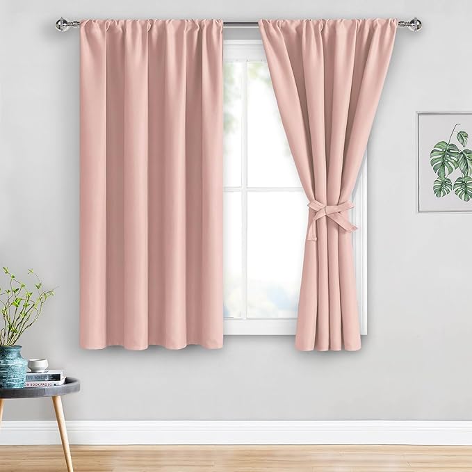 JIUZHEN Blush Pink Blackout Curtains for Bedroom - Thermal Insulated Room Darkening Rod Pocket Curtains for Living Room, Set of 2 Panels with Tiebacks, 42 x 45 Inch Length, Blush Pink
