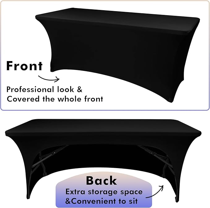 Nasitos 2 Pack Black Table Cloth 6 Foot-Spandex Fitted Tablecloth Rectangle Tables, Open Back Stretch Folding Trade Show Table Covers Fabric Washable & Wrinkle Resistant for Parties, Wedding, Event