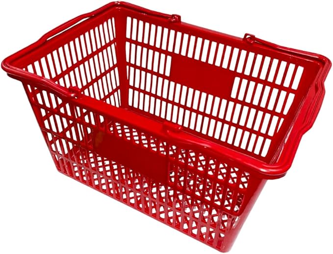 Stackable Plastic Shopping Baskets, Red and Blue, Easy-Grip Handles for Grocery, Retail, Liquor Stores, Home Use (24-Pack, Red)
