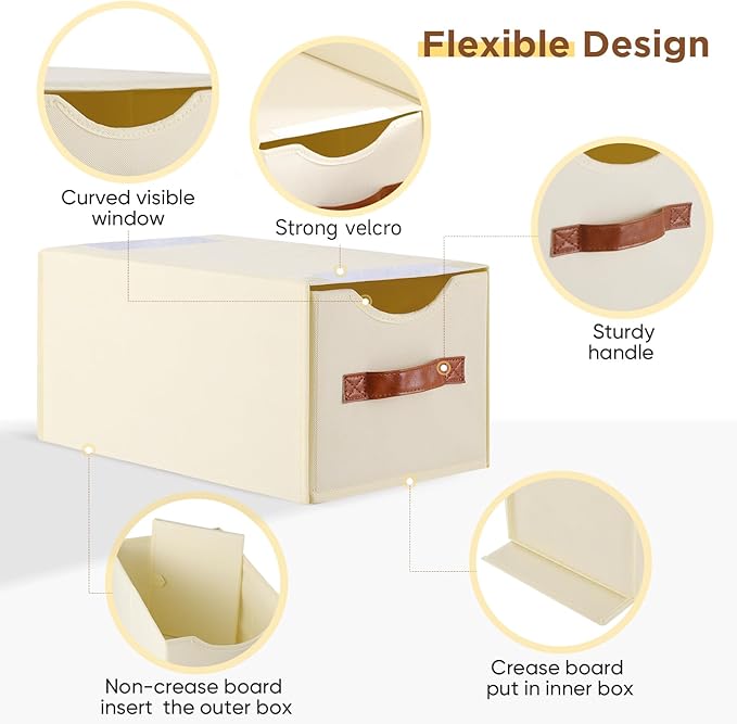 4 Pack Stackable Storage Drawers, Fabric Closet Organizers and Storage with Handles and Clear Window, Pull-Out Clothes Storage Bins with Drawer for Closet, Bedroom, Living Room, Under Bed, Beige