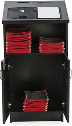 45.5" Tall Podium with Locking Cabinet, Inner Shelf, 25" Wide Angled Surface with Lip (Black)