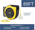 Retractable Extension Cord Reel, 65 Feet 12 AWG/3C SJTOW Heavy Duty Power Cord,15 AMP Circuit Breaker, 3-Lighted Triple Outlets, Ceiling or Wall Mount,Yellow