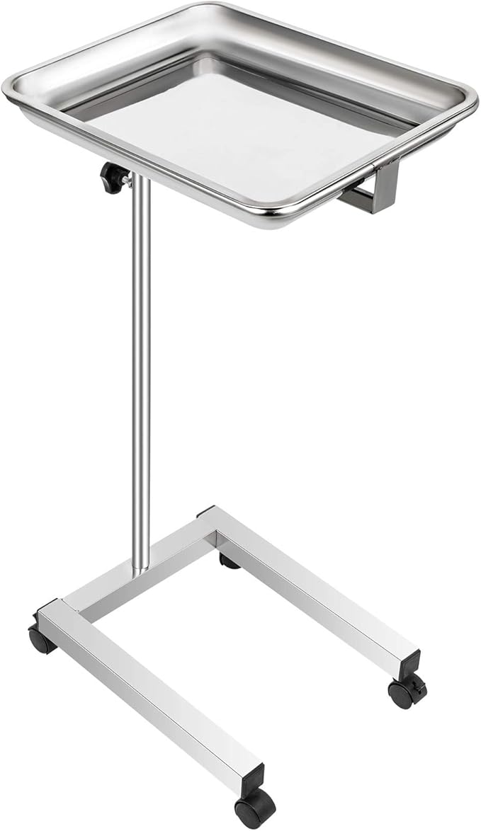 VEVOR Lab Cart, Stainless Steel Mayo Tray Stand 18 x 14 in Trolley Mayo Stand, Adjustable Height 32-51 in Instrument Tray with Removable Tray & 4 Omnidirectional Wheels, Ideal for Home Equipment