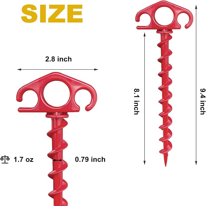 Tent Stakes Ground Anchors Screw in, 10 Pack Sand Stakes for Beach 9.4 Inch Heavy Duty Spiral Tent Pegs for Camping, Party, Hiking, Outdoor Decoration (10, Red)