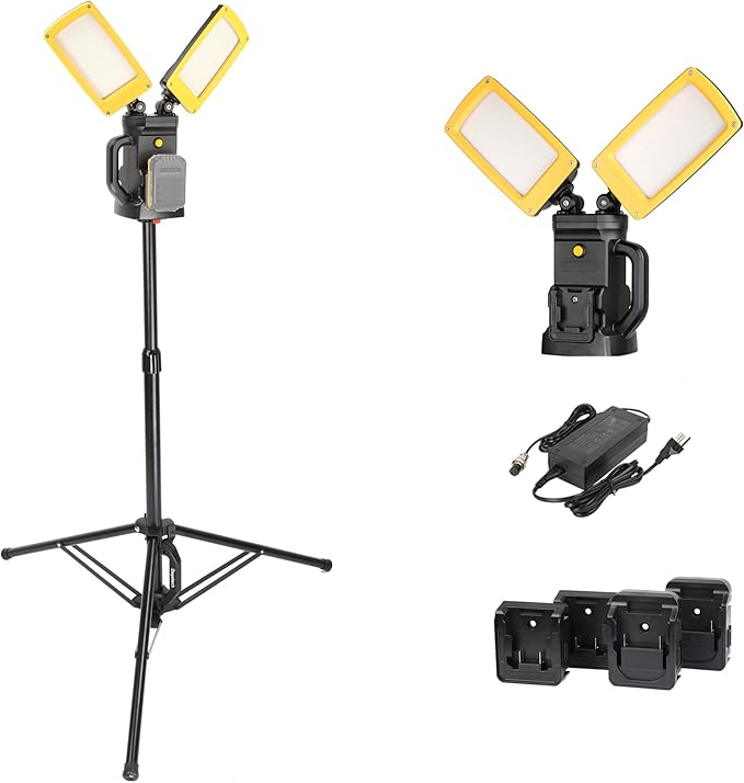 12000LM 85W Corded and Cordless LED Work Light with Tripod, Dual-Head Adjustable Jobsite Light, Compatible with DEWALT MILWAUKEE MAKITA 18-21V Battery, Flicker-Free for Auto Repair Electrical