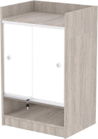 24”W * 18”D * 38”H - Retail Cash Register Stand Cash Wrap Checkout Desk Portable Counter Podium Stand with Drawer & Glass Shelving Case for Retail Store, Meetings Reception & Church (Gray Wood Grain)