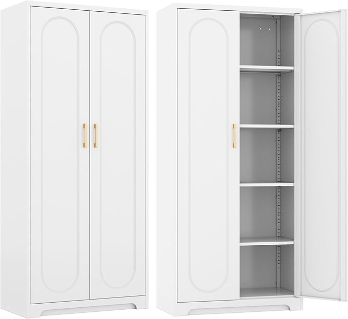 Kitchen Pantry Cabinet,71”Metal White Storage Cabinet with Doors and Shelves,Tall Cabinet with 2 Gold Hands for Dinning Room,Living Room