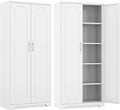 Kitchen Pantry Cabinet,71”Metal White Storage Cabinet with Doors and Shelves,Tall Cabinet with 2 Gold Hands for Dinning Room,Living Room