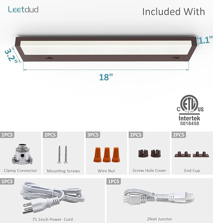 LED Under Cabinet Lighting Hardwired or Plug in, 18 Inch 9W, Dimmable 5 Color 2700K/3000K/3500K/4000K/5000K, Linkable Eyes Care Design Counter Lights for Kitchen, Sink, ETL Listed, Bronze