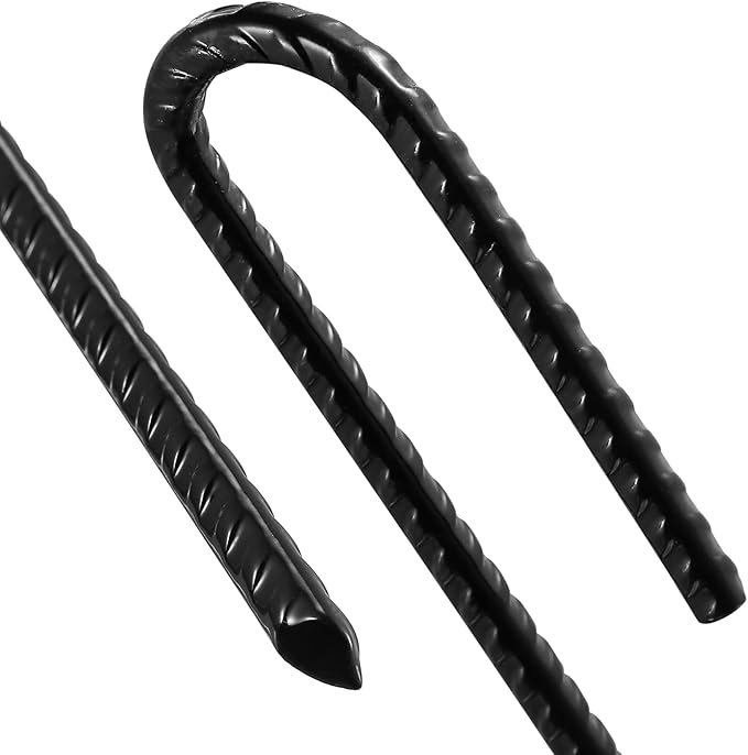 Rebar U/J Hook Extra Heavy Duty, 12 inch x 1/4 inch Rust Proof Coated Steel Ground Anchors for Garden, Tent, Trampoline (50pcs, J-Hook)