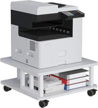 Mobile Printer Stand, 2-Tier Large Printer Shelf for Laser 3D Printer Office Machine with Storage, 23.6"x23.6" Wood Printer Cart Under Desk Rack with Wheels for Office Home Kitchen (White)