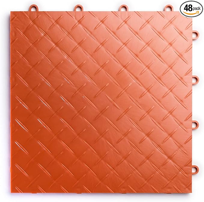Big Floors RaceDeck Diamond Plate Design, Durable Interlocking Modular Garage Flooring Tile (Orange, 48 Pack of 12 x 12" Tiles)
