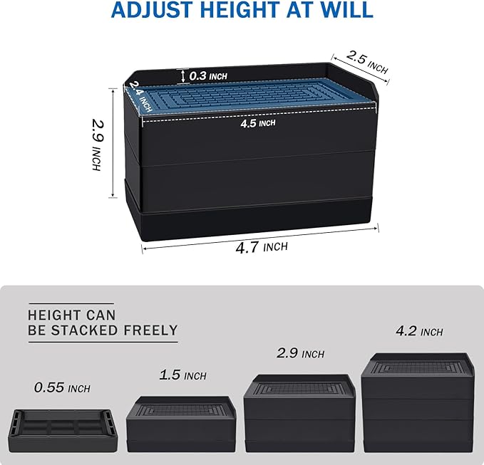 Rectangle Bed Risers, 3 Inch Heavy Duty Adjustable Furniture Risers for Bed Sofa Table and Couch Lift，Support Up to 1,300 Lbs (4 Pack-Black)