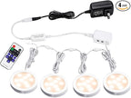 AIBOO Linkable LED Under Cabinet Lights 12V Slim Aluminum Dimmable Puck Lights with RF Remote Control & ETL Listed Power Adapter for Accent Display Lighting (4 Lights, Warm White)