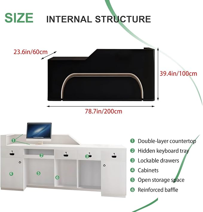 Modern Reception Desk with Counter Front Reception Table with Hidden LED Lighting Commercial Receptionist Desk Black Checkout Counter Fully Assembled and Ready to Use 79inch