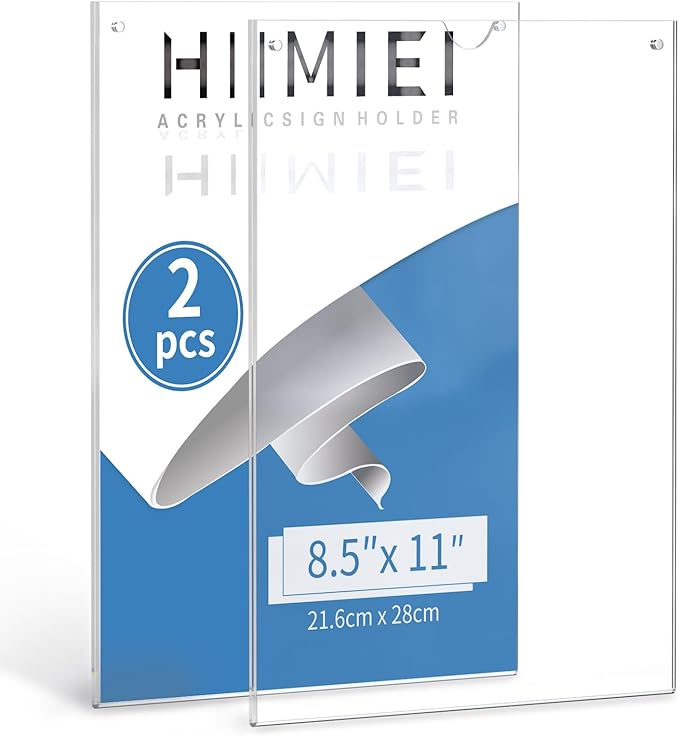 HIIMIEI Acrylic Sign Holder 8.5 x 11 Wall Mount with Paper Fixing Magnet and Double-Sided Tape, No Drilling Required (2 Pack) - Perfect for Office, Home, Store, and Restaurant