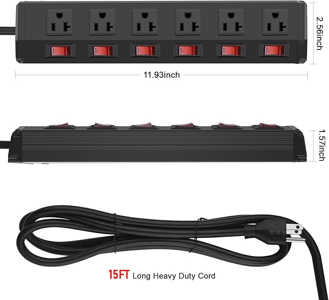 CCCEI Metal Power Strip Individual Switches 6 Outlets, Heavy Duty Power Strip 20Amp Surge Protector for Appliances, 15FT Extension Cord Strip, 1200J Surge Protector 20A 125V 2500W.