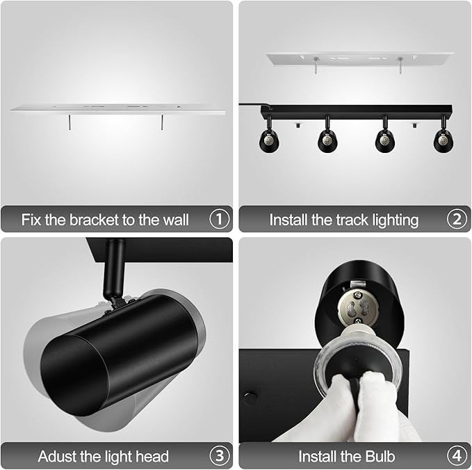 BoostArea Plug in Track Lighting, LED Track Light Kit, Black 4-Light Track Lights for Kitchen, 15 FT Cord,4 Way Ceiling Spotlight, Rotatable Wall Mount Light Head for Bedroom Hallway Living Room