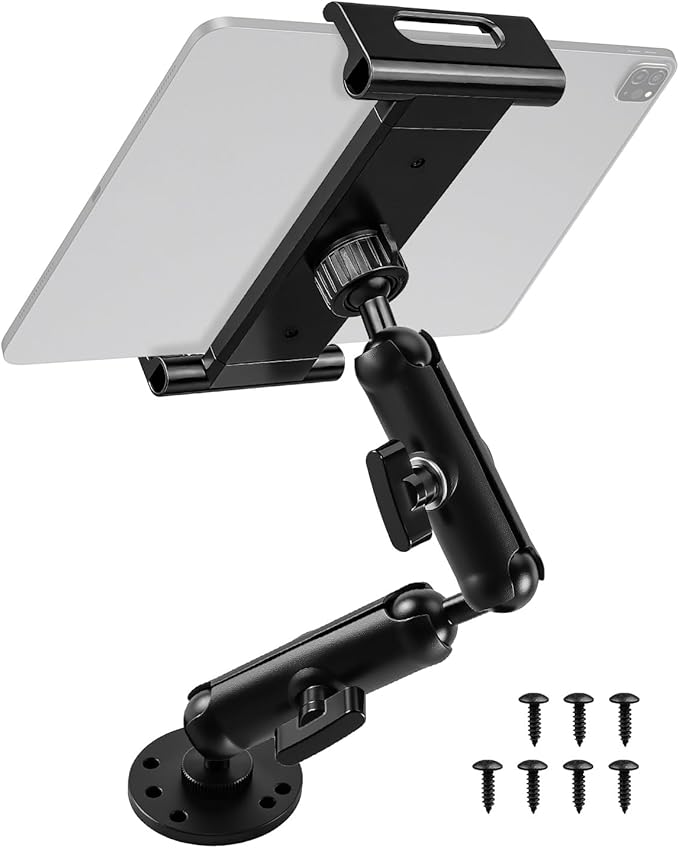 Industrial Aluminum Tablet Mount with Dual Link Arm, Heavy Duty 360° Adjustable Holder for 6-13" Devices, Multi-Hole Base for Truck Boat Wall Desk Installation
