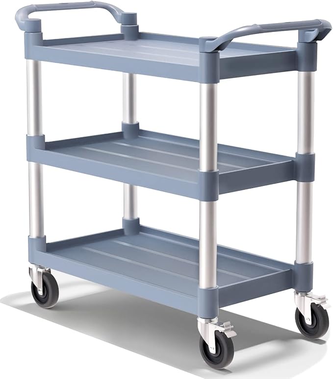 Plastic Utility Carts with Wheels, 3-Tier Large Size Restaurant Food Cart, Heavy Duty 600lbs Capacity Rolling Service Cart w/Hammer for Commercial, Kitchen, Office (Lockable Wheels, L-Grey)