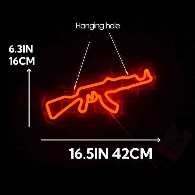 Gun Neon Sign for Wall Decor LED Light Up Sign for Gun Room Accessories Man Cave Lamp Wall Art Gift 16.5"×6.3"