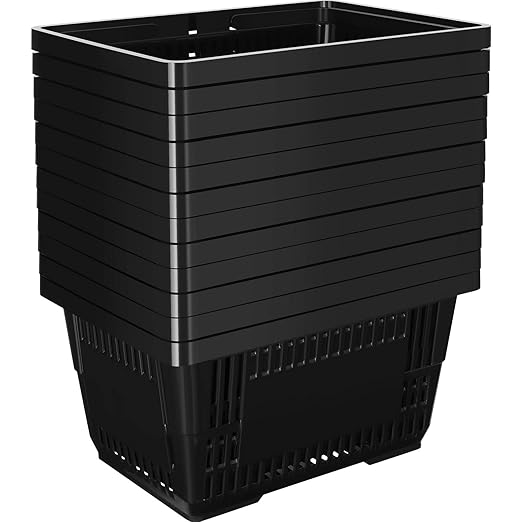 Macarrie 12 Pcs Shopping Baskets, 20 L Plastic Baskets with Handles, 16.9 x 11.8 x 9.1 Inches, Sturdy, Black