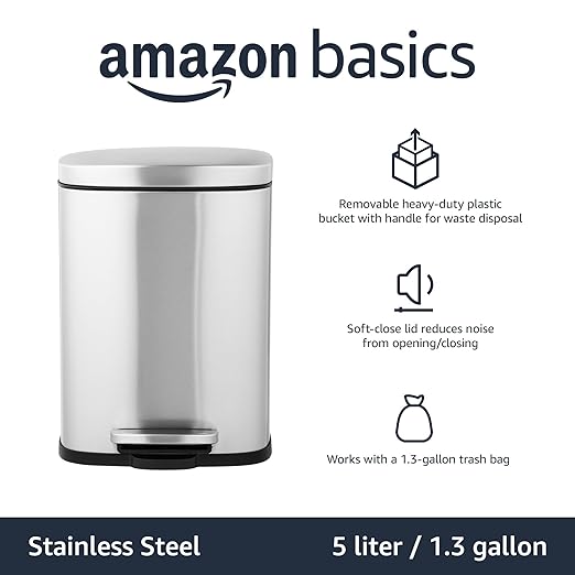 Amazon Basics Smudge Resistant Mini Rectangular Trash Can With Soft-Close Foot Pedal, Brushed Stainless Steel, for Bathroom & small space, 5L/1.32 Gal, 7.3x8.5x11.8 in, Satin Nickel Finish