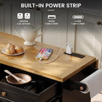 COCO DESIGN 60" Rolling Kitchen Cart with Power Strip & Drop Leaf, Thick Countertop, Large Storage Cabinet & Drawers, Mobile Island with Locking Wheels, Towel Rack and Spice Rack, Black and Oak