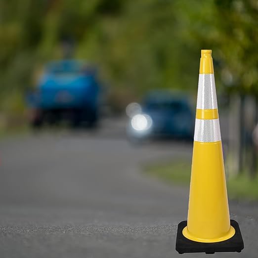 8 Pack 36 Inch Yellow Traffic Cones with Reflective Strips, Large Black Base Safety Cones for Industrial Sites, Warehouses and Emergency Marking (8, Yellow, 36 Inch)